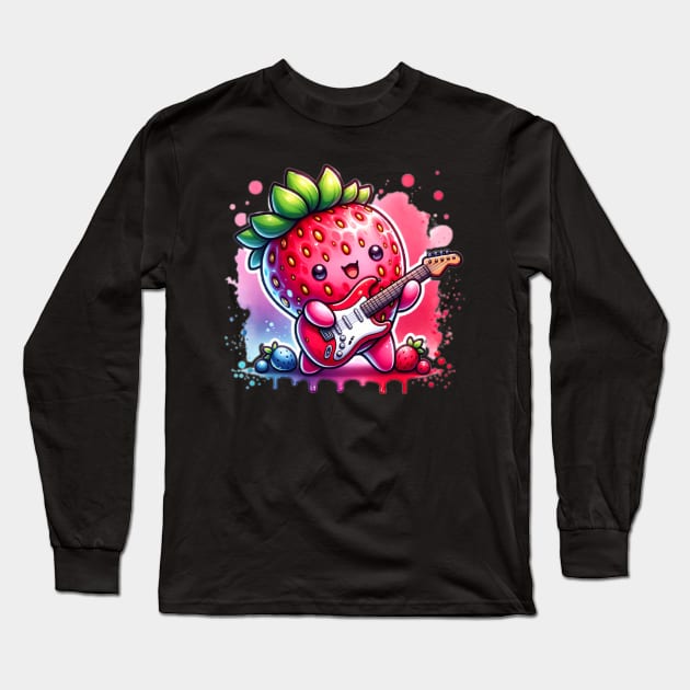 Cute Kawaii Strawberry Guitar Player Long Sleeve T-Shirt by The Jumping Cart